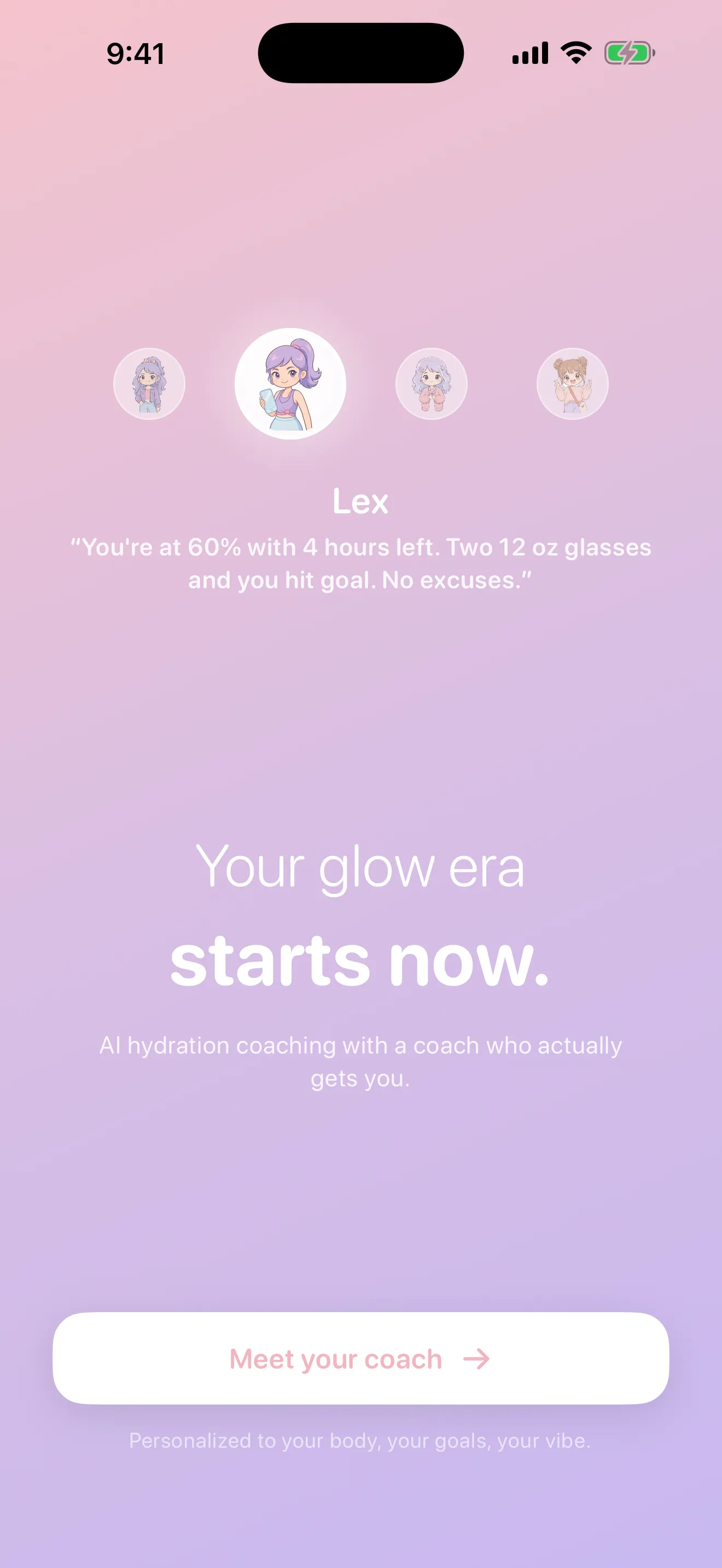 Choosing your AI coach in Hydrate — Lex is selected, with Stacy, Lily, and Jade alongside