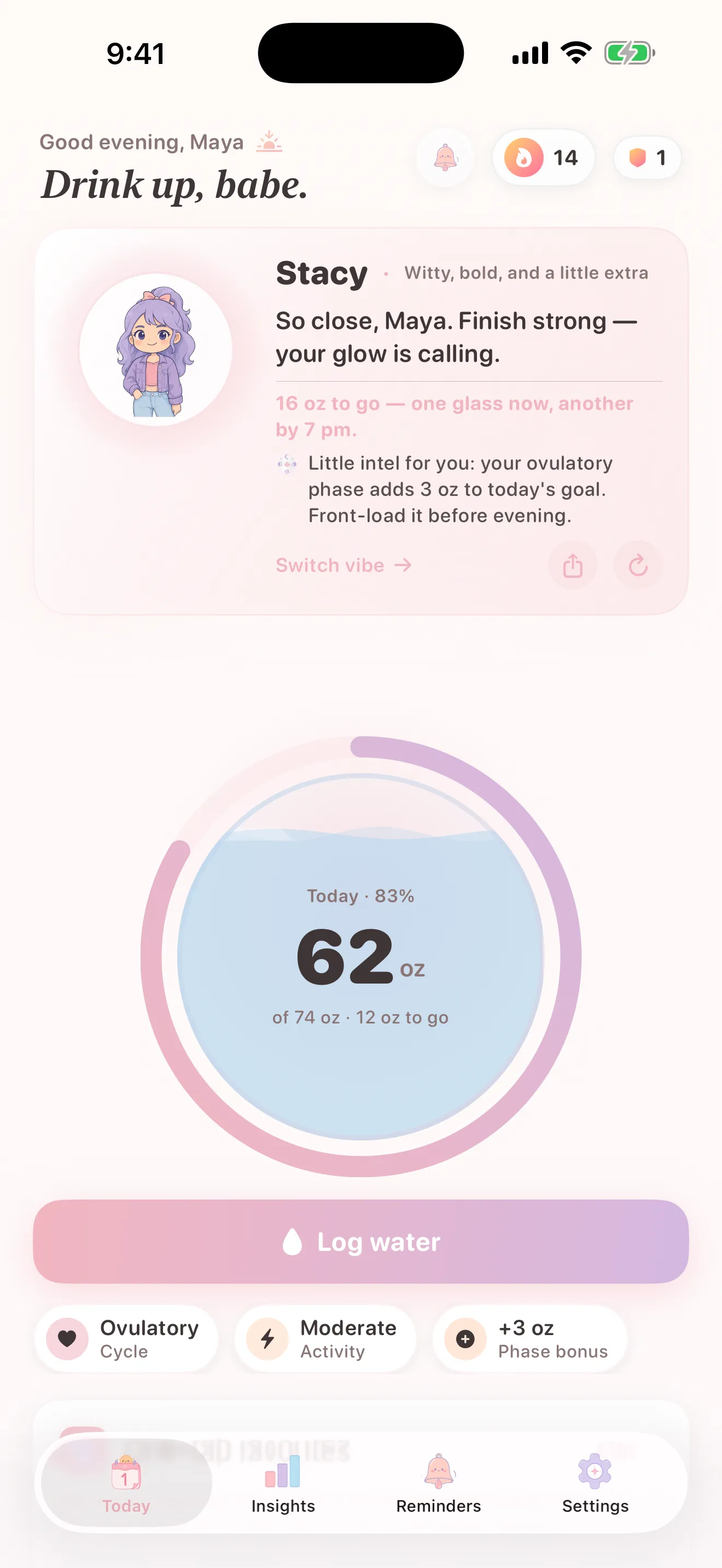 Hydrate home screen — 62 of 74 oz logged, a note from coach Stacy, and cycle phase bonus applied