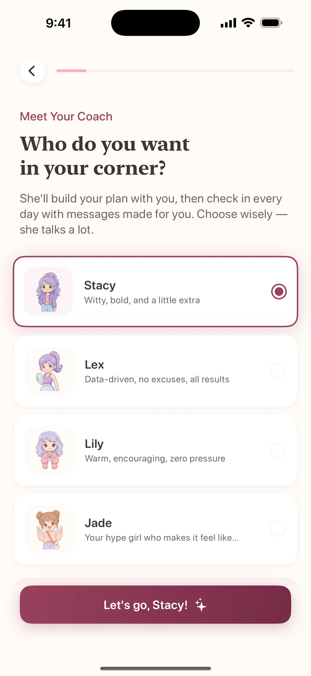 Choosing your AI coach in Hydrate — Stacy is selected, with Lex, Lily, and Jade alongside