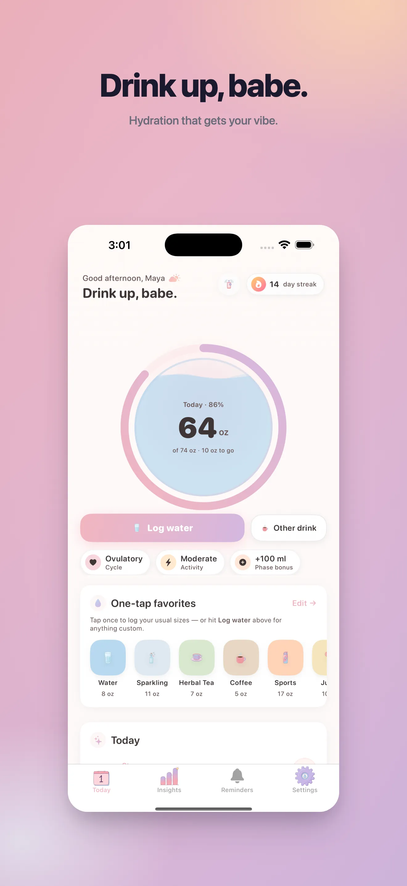 Hydrate home screen with water ring, one-tap favorites, and a 14-day streak