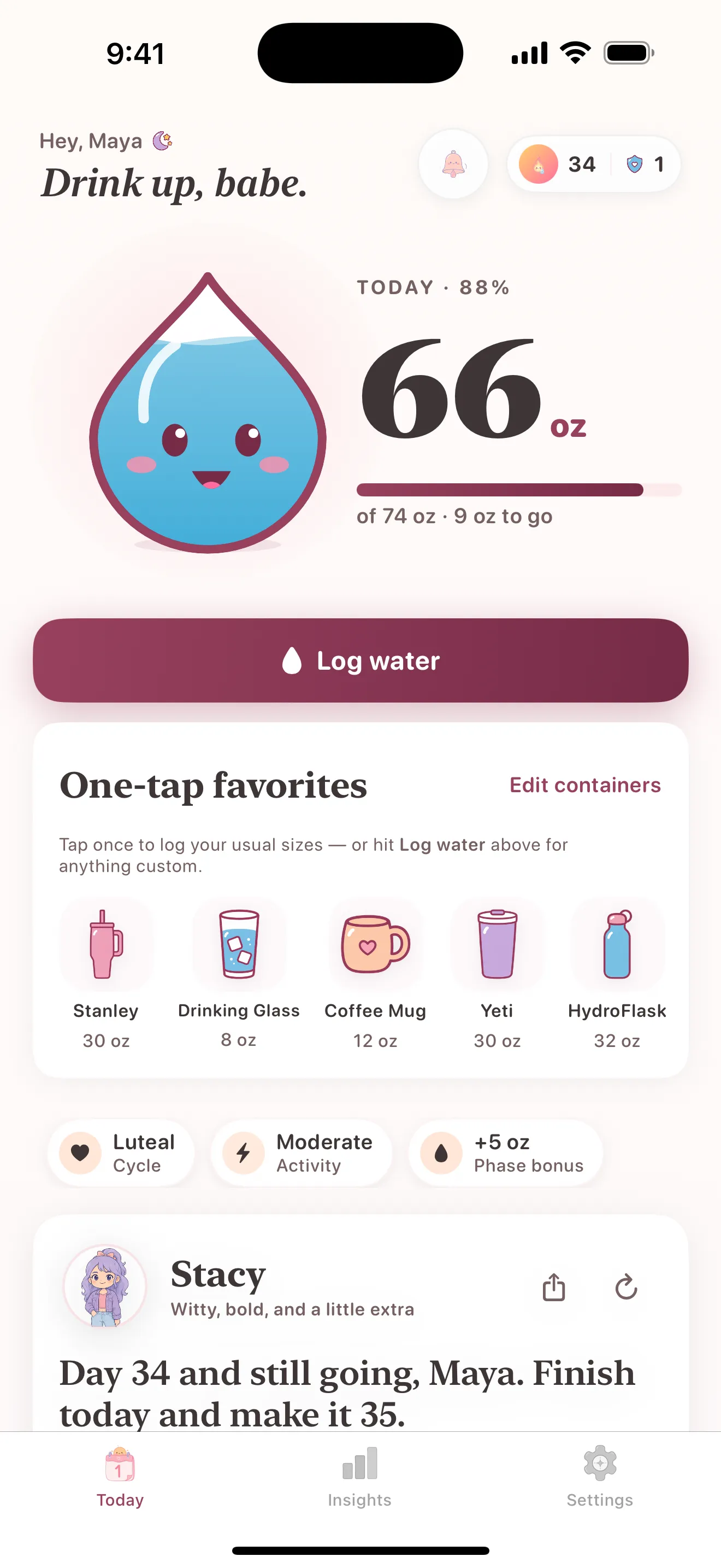 Hydrate home screen — Dewy the water-drop mascot filled to 88%, 66 of 74 oz logged, one-tap favorites, and a 34-day streak