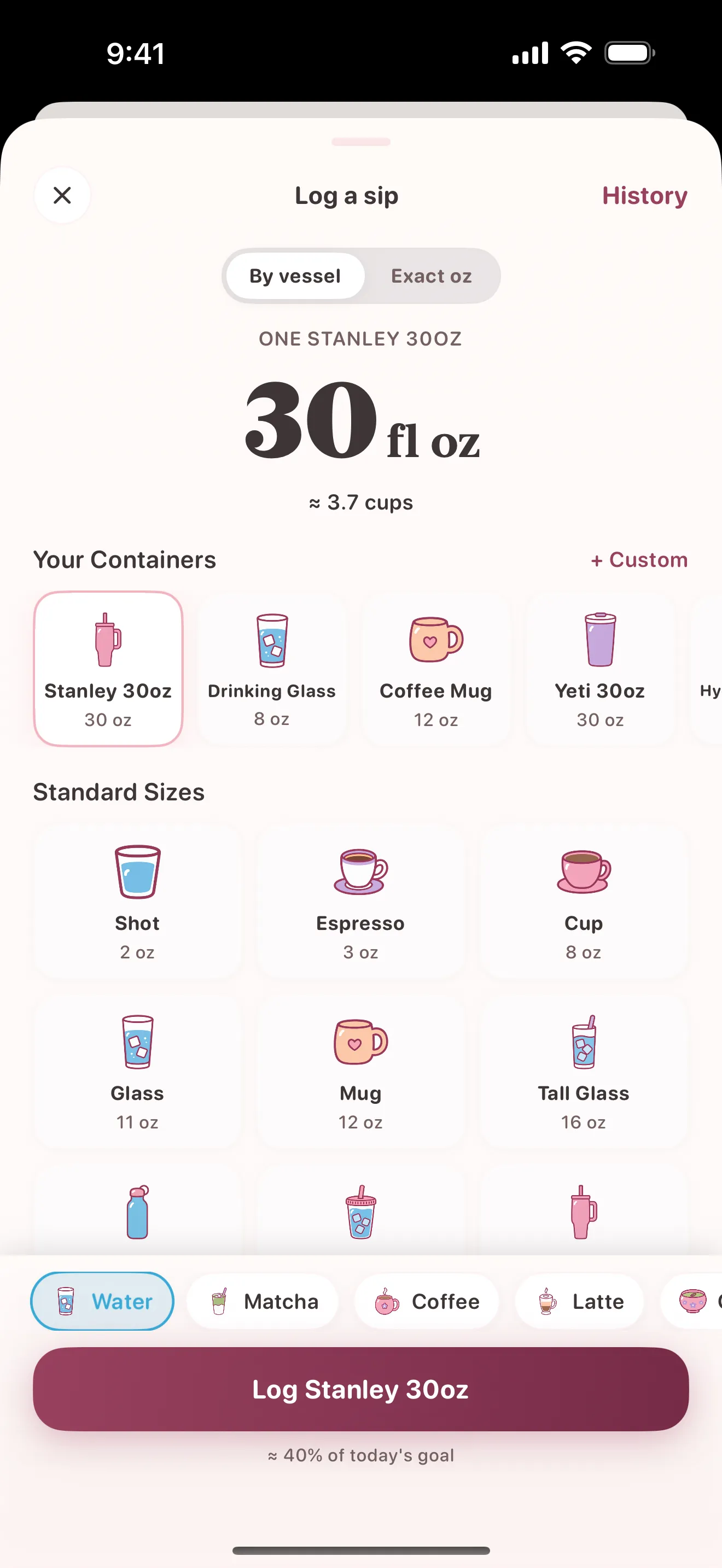 Logging a 30 oz Stanley in one tap from your saved containers