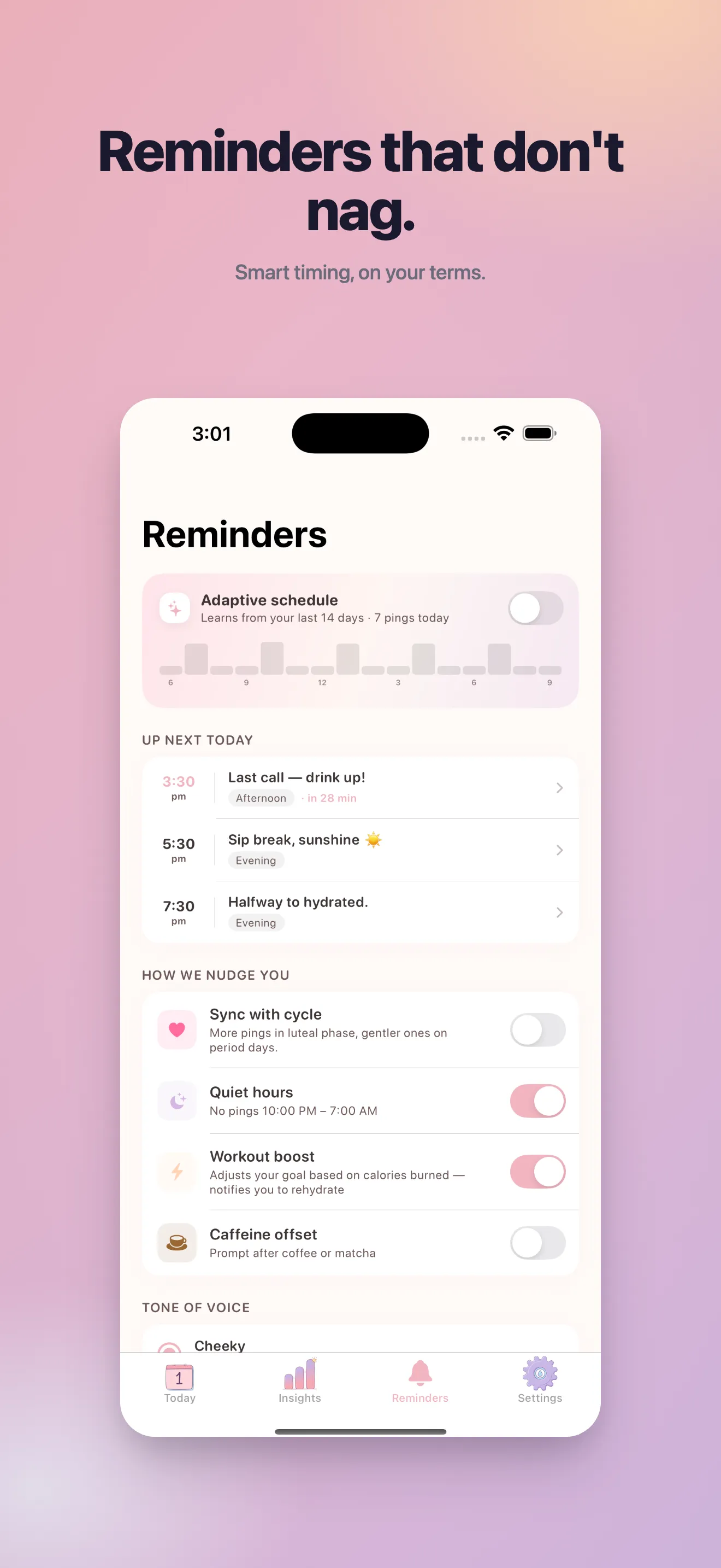 Smart reminders with adaptive schedule, quiet hours, and caffeine offset