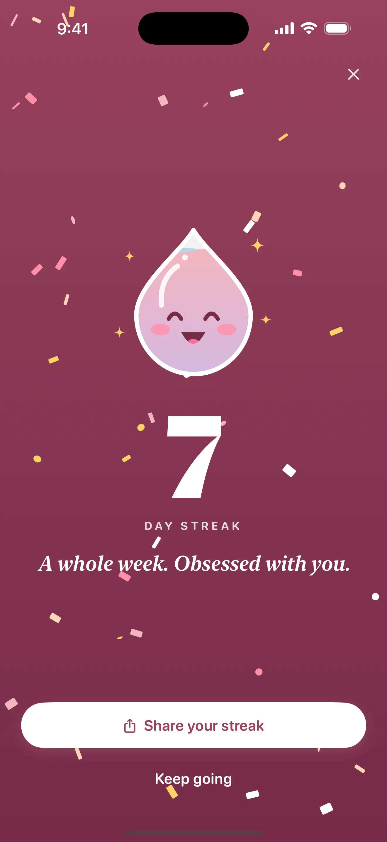 A full-screen 7-day streak celebration with Dewy and confetti, ready to share
